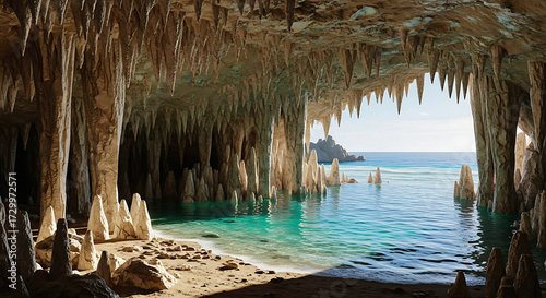 View from a cave opening to a bright blue ocean and rocky coast