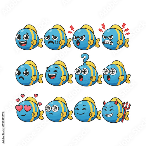 Blue Fish Emoticon Set Expressive Cartoon Characters