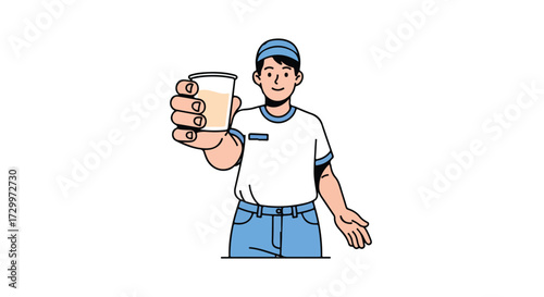 Enthusiastic service industry employee presenting a beverage with friendly hospitality and attentive customer care in a clean isolated illustration