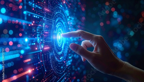 Stunning Action, D animated display hand holographic color out touch background, conceptual photo reaching one interactive