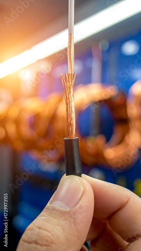 Close-up of a hand holding a dissected wire, showing exposed copper strands and a black connector