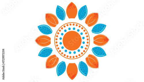 Vector art of abstract floral sunburst mandala design with orange and blue petals 