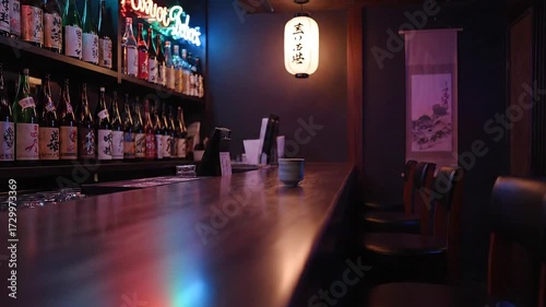 Experience the vibrant energy of a modern sake bar with neon lights and traditional Japanese decor in this captivating video sequence