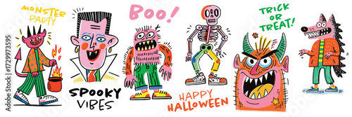 Hand drawn style halloween doodles featuring halloween monster characters