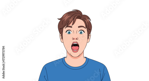 Animated illustration of a young man with an expression of surprise, shock, or astonishment with open mouth and eyes wide open expressing a dramatic