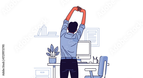 Stretching During Work Break: A Back View of a Man Stretching Arms in the Office Setting Illustration