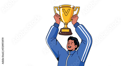 Illustration of a joyful athlete raising a gleaming golden trophy, symbolizing victory and triumph, representing hard work and dedication in sports