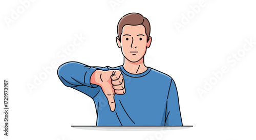 Cartoon Man Expressing Disapproval with Thumbs Down Gesture conveying negative feedback or rejection towards an idea or concept illustration