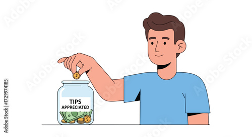 Enthusiastic individual dropping a coin into a tips jar, expressing gratitude through monetary contributions and supporting service workers