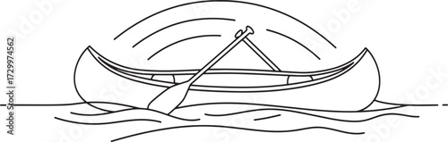 Minimalist line art canoe boat floating on waves icon, simple outline design illustration