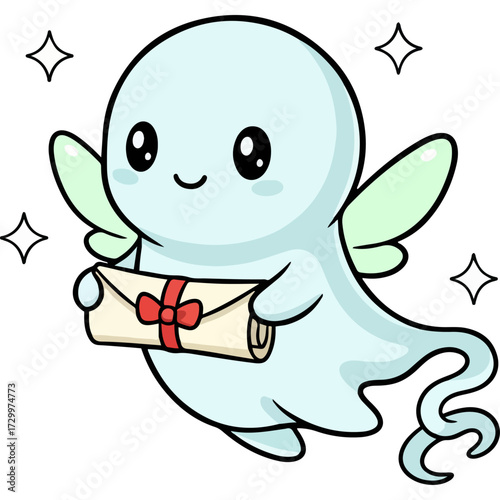 A beautiful magical messenger character delivering a secret scroll. This strange flying spirit with fairy wings is a charming vector illustration for a fantasy theme, invitation or greeting card.