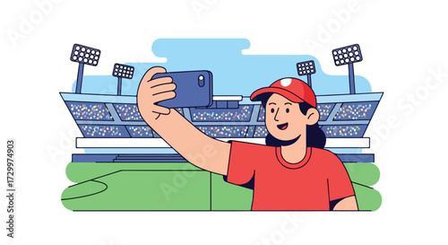 Enthusiastic fan capturing stadium moment with mobile phone selfie creating memorable experiences and sharing digitally conveying excitement
