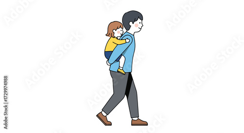 Wholesome illustration of father carrying daughter piggyback, portraying family bonds and affection in a simple, cute design