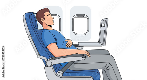 Man Sleeping on Airplane, Comfortable Journey, Travel Relaxation, Serene Flight Experience Illustration