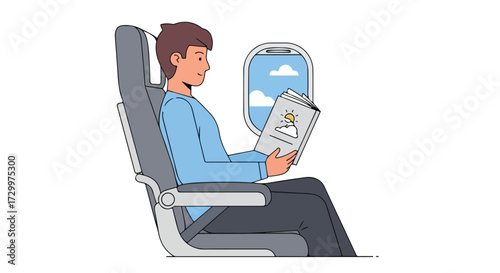 Passenger enjoying reading a book during a serene flight with a picturesque view through the window promoting relaxation