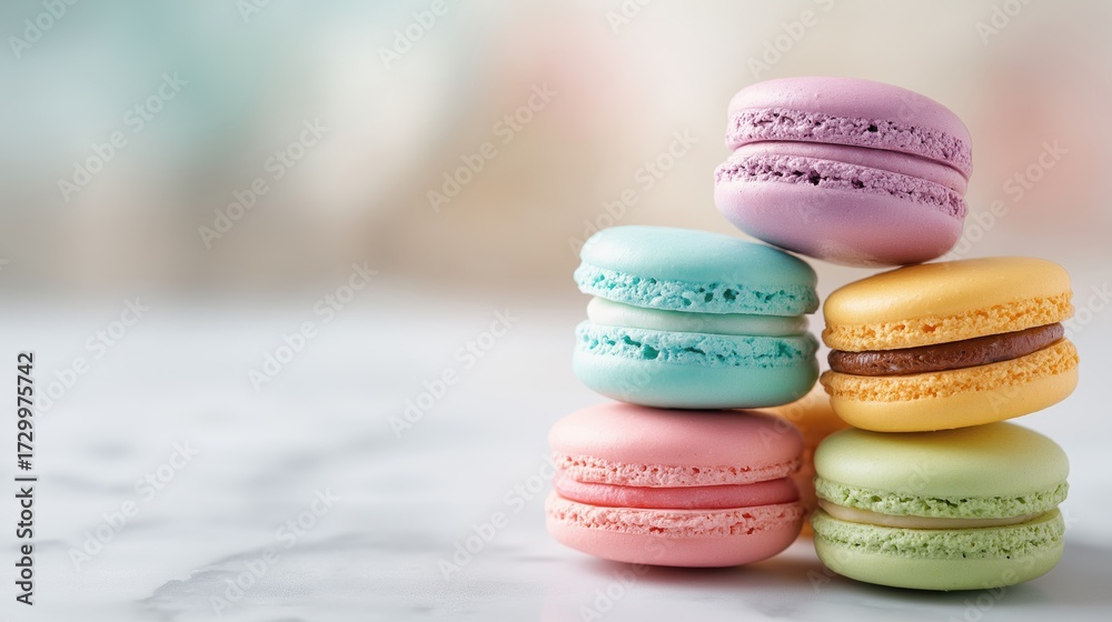 Fototapeta premium Colorful French macarons stacked elegantly on marble, bokeh background, soft pastel tones, macro shot