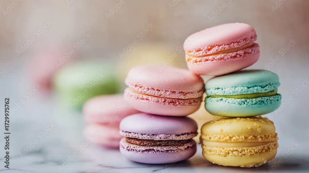 Fototapeta premium Colorful French macarons stacked elegantly on marble, bokeh background, soft pastel tones, macro shot