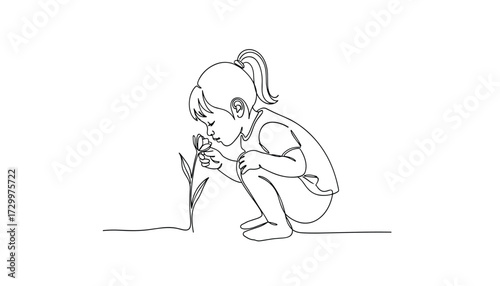 Vector art of a young girl crouching down to smell a small flower 