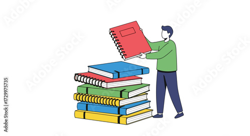 Illustration showcasing a man stacking colorful notebooks, representing education, organization, and knowledge accumulation for creative and