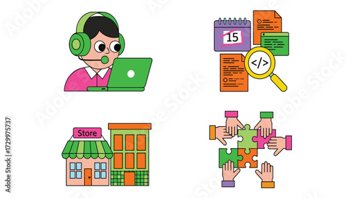 Vector art of collection of four flat design icons representing customer support, coding, retail store, and teamwork 