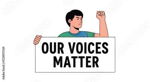 Empowered activist illustration expressing the importance of voices and standing for principles on a sign with a raised fist in demonstration and
