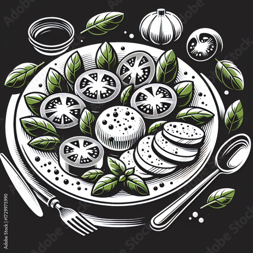 Delicious Caprese Salad Vector Illustration of Salad with Ripe Tomatoes, Mozzarella Cheese, and Fresh Basil on a Plate black vector icon with transparent background 