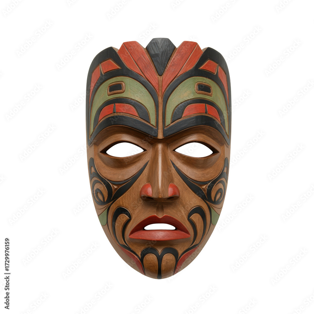 Naklejka premium Authentic hand-carved wooden tribal culture mask isolated on white background.