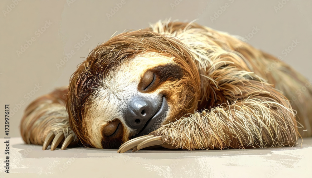 Fototapeta premium Cute happy smiling sloth animal sleeping and resting peacefully. very content and calm mammal with an adorable face