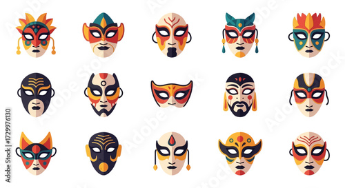 A diverse collection of colorful and ornate cultural masks.