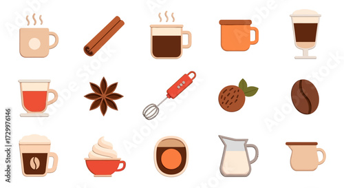 A diverse collection of coffee related vector icons.