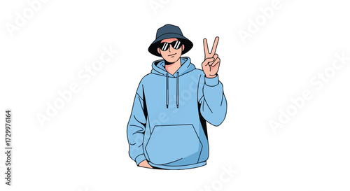 Stylish illustration of a young person sporting a blue hoodie, bucket hat, and sunglasses making a peace sign on a white backdrop