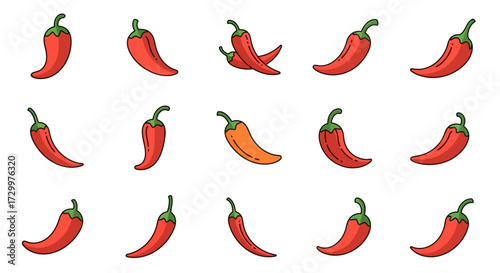 A vibrant collection of hand drawn red chili peppers.