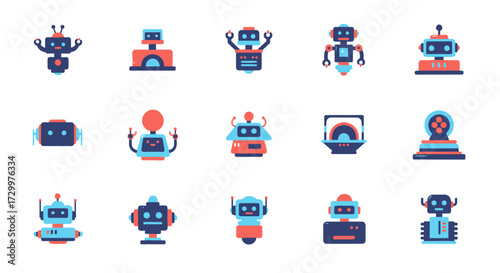 A diverse set of colorful flat style robot icons.