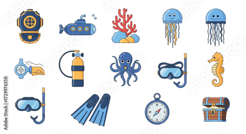 A vibrant collection of scuba diving and marine life icons.