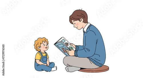 Father reads to his son in a colorful illustration, portraying a tender moment and emphasizing bonding time with classic children's literature