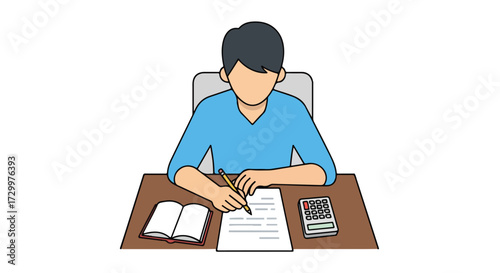 Illustration of a Student Engaged in Academic Pursuits at Their Desk with a Book and Calculator Depicting Concentration