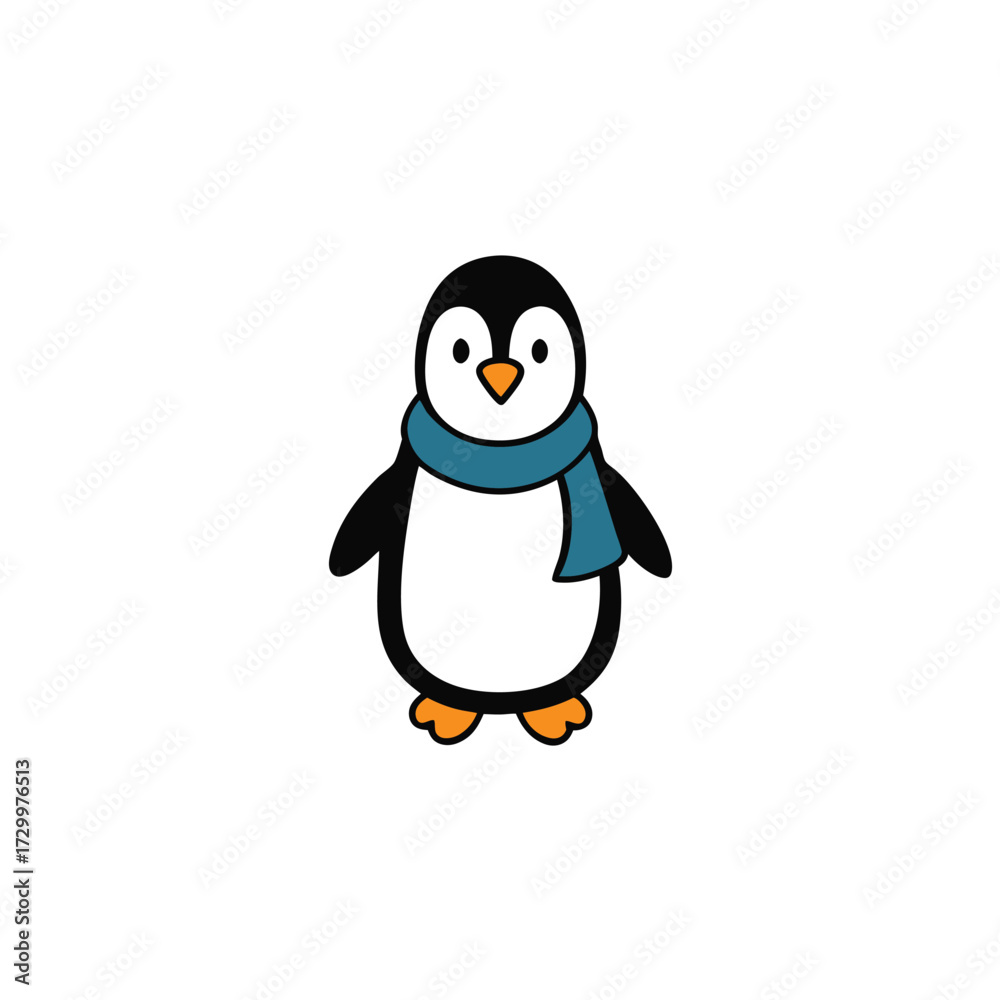 Fototapeta premium Cute cartoon penguin wearing a blue and green scarf standing and smiling in a whimsical style vector