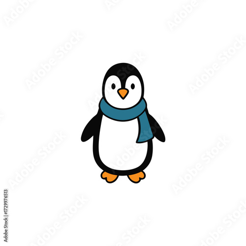 Cute cartoon penguin wearing a blue and green scarf standing and smiling in a whimsical style vector
