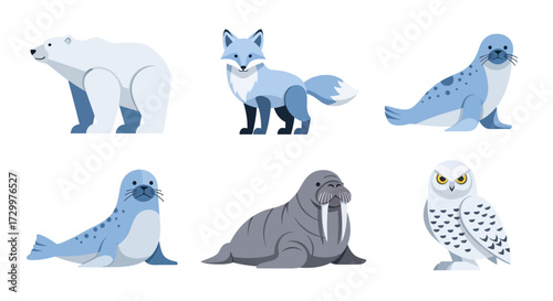Arctic animals collection illustration featuring polar bear fox seal walrus and owl.