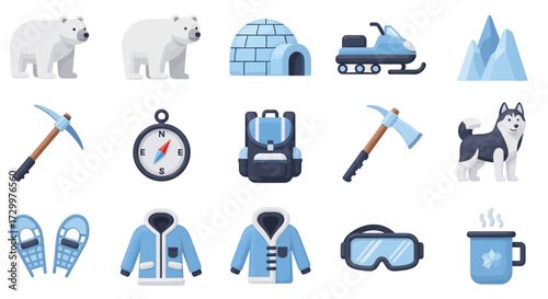 Arctic Exploration and Winter Survival Icon Set.