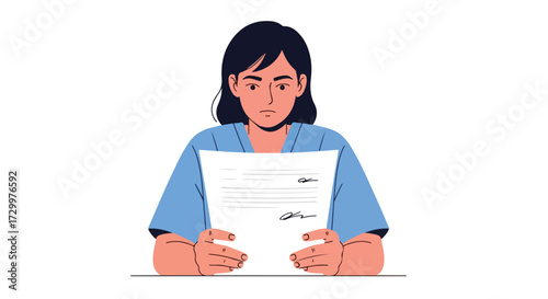 Woman studying a document, potentially a contract or agreement in a professional context conveying seriousness and determination
