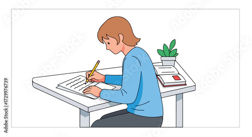 Illustration depicting a person diligently writing at a desk with focused concentration and a calm academic atmosphere