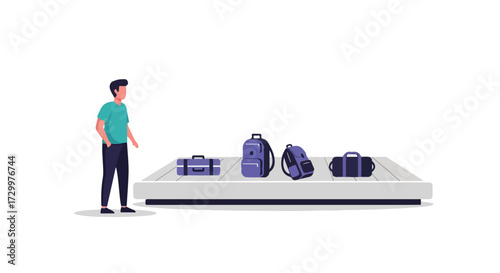 Baggage carousel at the airport with diverse luggage and a traveler awaiting arrival of personal belongings for smooth journey start