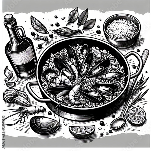 Vector hand drawn illustration of Spanish paella with mussels and shrimps black vector icon with transparent background 