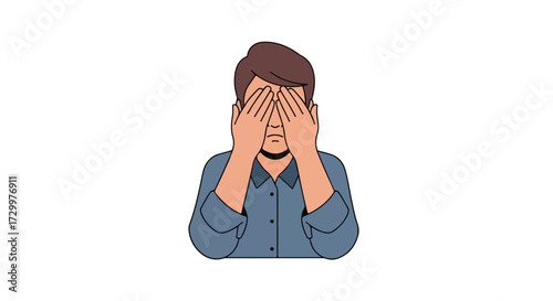 Cartoon Illustration of Man Covering Eyes Depicting Discomfort or Seeking Privacy in Visual Isolation Unveiling Vulnerability Exploring Conceptual