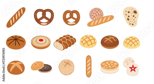 Assortment of freshly baked breads and pastries on a white background.