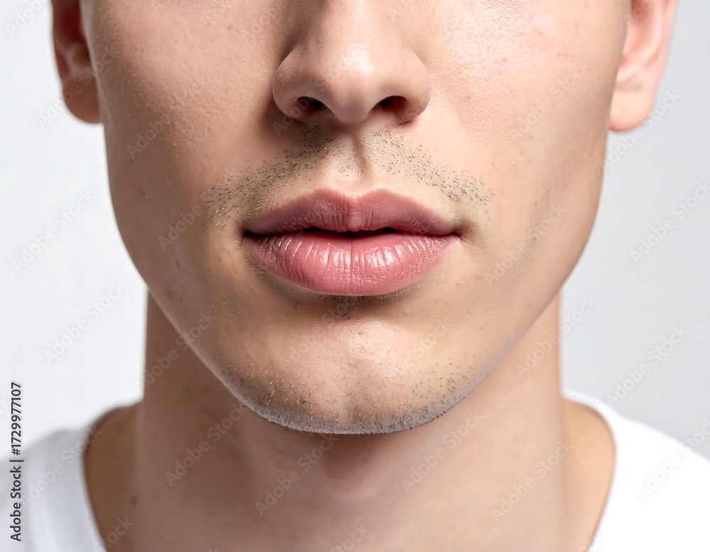 Obraz premium Close-up of a man's mouth and chin area, neutral expression, light skin