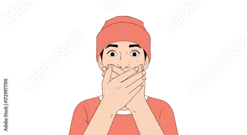 Cartoon portrait depicting a young man with surprised expression covering his mouth displaying shock and disbelief with minimalistic lines and clear