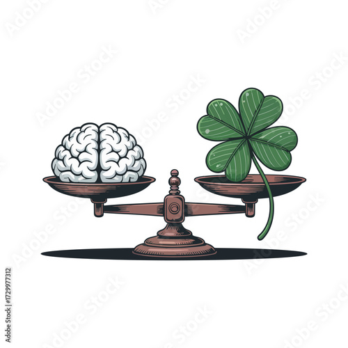 Brain versus luck balance, vintage scale weighing mind and four leaf clover, strategy concept, minimalist illustration, vector design