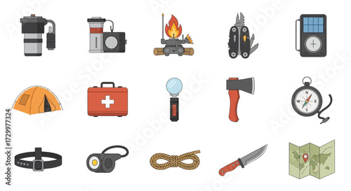 Camping gear essentials for outdoor adventures and survival in nature.